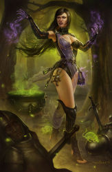  1girl black_hair breasts cauldron cleavage female_focus highres large_breasts leather long_hair magic realistic solo sword thighs voodoo_doll weapon witch  rating:Questionable score:9 user:kilerog