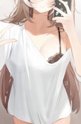  1girl alternate_costume black_bra black_hair blush bra bra_peek bra_visible_through_clothes breasts brown_hair cleavage closed_mouth commentary cropped_head deyui english_commentary fingernails gradient_background highres holding holding_phone hololive hololive_english long_hair medium_breasts multicolored_hair nanashi_mumei phone selfie shirt simple_background single_off_shoulder smile solo streaked_hair t-shirt underwear v virtual_youtuber white_hair white_shirt 