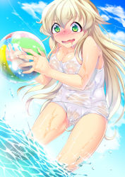  1girl bad_id bad_pixiv_id ball bare_arms bare_legs bare_shoulders beachball blonde_hair blue_sky blush breasts cleavage cowboy_shot day dripping drooling furrowed_brow green_eyes holding holding_ball holding_beachball long_hair medium_breasts menstruation minamoto_(mutton) nose_blush one-piece_swimsuit open_mouth original outdoors platinum_blonde_hair school_swimsuit see-through shiny_skin sky solo swimsuit tampon textless_version transparent wading water_drop wavy_mouth white_one-piece_swimsuit white_school_swimsuit  rating:Explicit score:29 user:danbooru