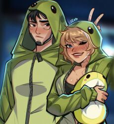  1boy 1girl apex_legends black_camisole black_hair blonde_hair blue_eyes blush breasts bunny_ears_prank camisole cleavage commentary cosplay crypto_(apex_legends) english_commentary facial_scar green_hoodie highres holding holding_stuffed_toy hood hood_up hoodie medium_breasts nessie_(respawn) nessie_(respawn)_(cosplay) one_eye_closed onesie open_mouth scar scar_on_cheek scar_on_face sevpha short_hair sleeves_past_wrists smile stuffed_toy wattson_(apex_legends) 