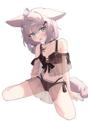  1girl ahoge animal_ears arknights bikini black_bikini black_bow blue_eyes blush bow choker fingernails fox_ears fox_girl fox_tail full_body hair_between_eyes hair_ornament hairclip highres jambujok looking_at_viewer material_growth navel official_alternate_costume originium_(arknights) oripathy_lesion_(arknights) plus_sign see-through short_hair short_twintails sitting solo sussurro_(arknights) sussurro_(summer_flower)_(arknights) swimsuit tail twintails wariza white_background 