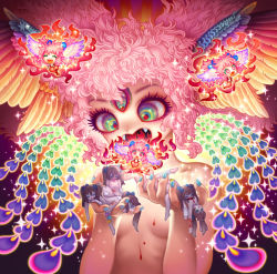  6+girls acid_trip bandages bandaid blood blood_stain colorful crying eyeshadow feathers female_focus heart injury laughing makeup multicolored_eyes multiple_girls nail_polish open_mouth peacock_feather pink_hair pink_nails scratches sharp_teeth smile sparkle surreal tagme teeth twintails wavy_hair yukaman 