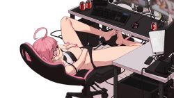 1girl absurdres ahoge bad_id bad_pixiv_id black_bra black_panties bra bra_lift breasts breasts_out can caught censored chair coca-cola computer computer_tower constricted_pupils counter:side deliciousmeatart drink_can female_masturbation gaming_chair glasses grabbing_own_breast green_eyes hand_in_panties highres keyboard_(computer) laptop looking_at_viewer masturbation monitor mouse_(computer) nipple_stimulation nipple_tweak nipples panties pink_hair pornography red-framed_eyewear router sitting soda_can spread_legs surprised sweat swivel_chair sylvia_lena_cooper table underwear white_background rating:Explicit score:253 user:danbooru