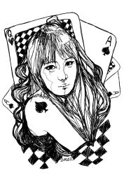  1girl 2ne1 ace_(playing_card) bands bom_(2ne1) card character_name k-pop long_hair monochrome musician outline playing_card solo spade 
