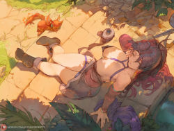 1girl areola_slip bare_shoulders boots breasts brown_eyes brown_hair cleavage collarbone cutesexyrobutts detached_sleeves dress from_above golden_sun jenna_(golden_sun) large_breasts long_hair looking_at_viewer one_eye_closed parted_bangs ponytail sitting strapless strapless_dress thighs rating:Questionable score:34 user:Vardigiil