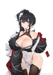 1girl ;) black_hair black_thighhighs blue_eyes breasts china_dress chinese_clothes chinese_new_year cleavage cleavage_cutout clothing_cutout covered_navel cowboy_shot dress elbow_gloves flower garter_straps gloves hair_between_eyes hair_flower hair_ornament hair_ribbon highleg highleg_panties highres large_breasts long_hair one_eye_closed original panties pelvic_curtain ribbon side_ponytail sidelocks simple_background smile solo string_panties thighhighs underwear weibo_watermark white_gloves woc_(2072878058)