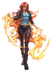 1girl boots buckle chain cropped_jacket fiery_hair fire highres jacket leather leather_jacket long_hair multicolored_hair my_little_pony my_little_pony:_equestria_girls my_little_pony:_friendship_is_magic pants red_hair simple_background smile solo sunset_shimmer very_long_hair white_background zhen_long rating:Questionable score:33 user:danbooru