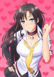  1girl bad_id bad_pixiv_id black_hair blue_eyes breasts cleavage closers collar elbow_gloves fang fingerless_gloves gloves gradient_background hair_ornament hairclip hand_on_own_hip heart heart_background index_finger_raised large_breasts long_hair looking_at_viewer necktie shukk777 single_glove skirt smile solo yuri_seo 