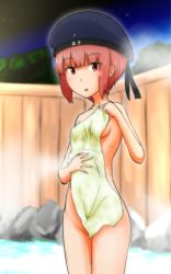  10s 1girl blush breasts clothes_writing hat highres kantai_collection looking_at_viewer maple_takoyaki open_mouth red_eyes red_hair short_hair sideboob small_breasts solo standing towel z3_max_schultz_(kancolle)  rating:Questionable score:8 user:TwintailTickler