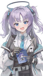  1girl absurdres astelia barcode belt_pouch black_gloves blue_archive blue_eyes blue_necktie blush character_doll chibi commentary figure gloves halo highres holding jacket long_hair looking_at_viewer millennium_science_school_logo necktie open_clothes open_jacket open_mouth parted_bangs pouch purple_hair solo two_side_up upper_body yuuka_(blue_archive) 