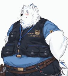  1boy animal_ears arms_behind_back bara belly belt big_belly blue_fur blush cowboy_shot dog_boy dog_ears fat fat_man furry furry_male key live_a_hero looking_at_viewer male_focus multicolored_hair multiple_belts obese owen_(khunowen3) smile solo standing streaked_hair thick_eyebrows white_fur yohack 