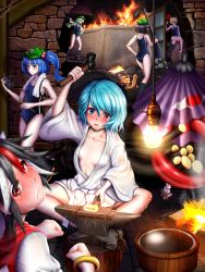 6+girls anvil arm_up ass bangle bare_arms bare_legs black_hair black_socks blacksmith blonde_hair blue_eyes blue_hair blush boots bracelet breasts bucket clenched_hands coal collarbone commentary_request cone_horns dark_haired_kappa fire glasses_kappa green_hat grey_horns hair_bobbles hair_ornament hair_tie_kappa hammer hand_fan hat heterochromia highres holding horns indoors jewelry kappa_mob_(touhou) kawashiro_nitori kijin_seija kneehighs light_bulb log long_hair multicolored_hair multiple_girls naked_robe pickaxe red_eyes red_hair redoredo_(godprogress) robe rubber_boots school_swimsuit short_hair single_kneehigh single_sock sitting small_breasts socks sparks streaked_hair swimsuit tatara_kogasa thighs tongue touhou two_side_up umbrella water white_hair white_robe