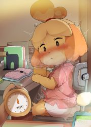  1girl 1koma ^^^ animal_crossing animal_ears animal_nose black_eyes blonde_hair blush body_fur chair closed_mouth comic cum cum_in_mouth cup dagashi_(daga2626) desk dog_ears dog_girl dog_tail furry furry_female highres holding isabelle_(animal_crossing) looking_at_object microskirt nintendo nose_blush office_chair pocket_watch pov pov_hands shirt sitting skirt snout solo_focus steam surprised sweat swivel_chair tail tearing_up translated trembling villager_(animal_crossing) watch yellow_fur  rating:Explicit score:98 user:danbooru
