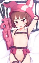 1girl animal_hat armpits bed blush breasts brown_hair bullpup cleft_of_venus collarbone cowboy_shot dakimakura_(medium) elbow_pads embarrassed female_focus fur-trimmed_gloves fur_trim gloves gluteal_fold gun hat head_tilt holding holding_gun holding_weapon llenn_(sao) loli looking_at_viewer lying navel nipples no_bra nude nyatrix on_back on_bed open_mouth pink_eyes pink_gloves pink_hat pussy saliva short_hair small_breasts solo strap submachine_gun sword_art_online sword_art_online_alternative:_gun_gale_online thigh_gap thighs uncensored weapon rating:Explicit score:230 user:Domestic_Importer