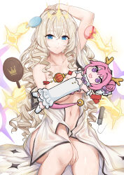 1girl arm_between_legs arm_up blonde_hair blue_eyes breasts breasts_out censored character_censor closed_mouth crown_(naked_king)_(nikke) crown_(nikke) diadem disembodied_hand doro_(nikke) drill_hair goddess_of_victory:_nikke hair_ornament headgear holding large_breasts long_hair midriff navel novelty_censor open_clothes open_shirt shirt sitting smile sweat white_shirt yougenko