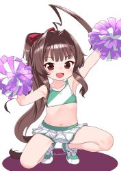 1girl :d ahoge armpits arms_up artist_name blunt_bangs bow brown_hair cameltoe cheering cheerleader collarbone commentary_request crop_top fang green_footwear hair_bow holding holding_pom_poms kantai_collection kuma_(kancolle) light_blush loli long_hair looking_at_viewer midriff miniskirt nassukun navel open_mouth pleated_skirt pom_pom_(cheerleading) pom_poms ponytail red_bow red_eyes shoes shorts shorts_under_skirt sidelocks simple_background skirt smile sneakers solo squatting tareme two-tone_footwear variant_set very_long_hair white_background white_skirt 