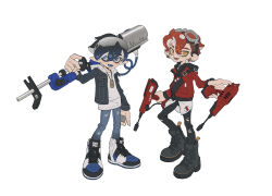  2boys :d absurdres ankle_boots arm_at_side black_footwear black_hair black_leggings blue_eyes blue_footwear blue_hair boots colored_mouth denim denim_jacket double-parted_bangs dual_wielding dualie_squelcher_(splatoon) e-liter_4k_(splatoon) ear_piercing eyebrow_cut eyewear_on_head fang fangs flat_color full_body goggles goggles_on_head gradient_hair grey-framed_eyewear grey-tinted_eyewear hair_between_eyes hand_up high_tops highres holding holding_weapon hood hoodie inkling inkling_boy inkling_player_character jacket jacket_over_hoodie jeans jewelry knee_up layered_clothes leggings long_sleeves multicolored_footwear multicolored_hair multiple_boys multiple_piercings necklace nintendo octoling octoling_boy octoling_player_character open_clothes open_jacket open_mouth over_shoulder pants piercing pointy_ears red_jacket shirt shoelaces shoes short_hair simple_background smile sneakers splatoon_(series) standing suction_cups tentacle_hair three_quarter_view torn_clothes torn_leggings undercut weapon weapon_over_shoulder white_background white_footwear white_hoodie white_shirt www_planet yellow_eyes 