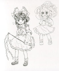  2girls ascot bobby_socks bow braid buttons detached_sleeves frilled_ascot frilled_bow frilled_hair_tubes frilled_skirt frills gohei grin hair_bow hair_tubes hakurei_reimu hat hat_bow holding holding_gohei kirisame_marisa legs_apart loafers long_sleeves mary_janes medinki medium_hair monochrome multiple_girls official_style ribbon-trimmed_sleeves ribbon_trim scarf shoes side_braid simple_background skirt smile socks standing touhou vest white_background witch_hat zun_(style) 