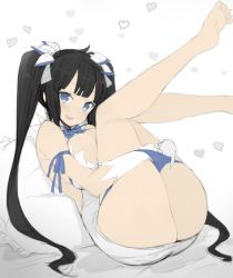 10s 1girl artist_request ass bed black_hair blue_eyes blush breast_press breasts deep_skin dungeon_ni_deai_wo_motomeru_no_wa_machigatteiru_darou_ka feet hair_ornament heart hestia_(danmachi) huge_ass large_breasts legs_up looking_at_viewer pillow smile solo thighs twintails underwear undressing rating:Questionable score:87 user:Shadnic