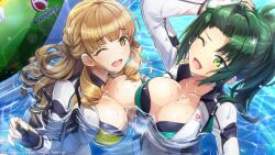 2girls afloat ayato_utae blonde_hair blunt_bangs breasts cleavage cleavage_cutout clothing_cutout dolphin_wave drill_hair fingerless_gloves gloves green_eyes green_hair harunami_anri highres jacket large_breasts long_hair mole mole_under_eye multiple_girls official_art one_eye_closed ootomo_takuji open_clothes open_jacket parted_bangs ponytail wet wet_hair yellow_eyes rating:Sensitive score:20 user:danbooru