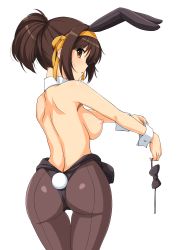 1girl absurdres animal_ears ass back bare_shoulders black_leotard blush breasts brown_eyes brown_hair detached_collar fake_animal_ears from_behind hairband haruhisky highres leotard looking_at_viewer looking_back medium_breasts medium_hair nipples pantyhose playboy_bunny rabbit_ears rabbit_tail shiny_clothes shiny_skin simple_background solo strapless strapless_leotard suzumiya_haruhi suzumiya_haruhi_no_yuuutsu tail topless wrist_cuffs yellow_hairband rating:Questionable score:77 user:danbooru