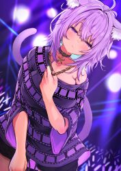 1girl animal_ears bare_shoulders black_shorts blurry blurry_background cat_ears cat_girl cat_tail choker closed_mouth collarbone concert cowboy_shot crying dutch_angle half-closed_eyes hololive jewelry kajimakoto looking_at_viewer matching_hair/eyes necklace nekomata_okayu off_shoulder oversized_clothes purple_eyes purple_hair purple_shirt shirt short_hair shorts smile solo standing tail tears virtual_youtuber