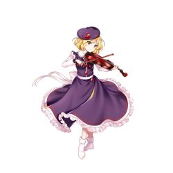  1girl beret black_hat black_skirt blonde_hair bow_(music) closed_mouth crescent crescent_hat_ornament frilled_skirt frills full_body hat hat_ornament highres holding holding_instrument instrument long_sleeves looking_at_viewer lunasa_prismriver rotte_(1109) short_hair simple_background skirt socks solo third-party_source touhou touhou_lostword violin white_background white_socks yellow_eyes 