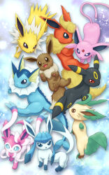 blonde_hair blue_eyes blue_hair blush bow brown_eyes colored_sclera creatures_(company) eevee espeon evolutionary_line fins flareon forehead_jewel forked_tail game_freak gen_1_pokemon gen_2_pokemon gen_4_pokemon gen_6_pokemon glaceon jolteon leafeon markings nintendo nyantori open_mouth pink_hair pokemon pokemon_(creature) purple_eyes purple_hair red_eyes red_sclera ribbon sidelocks smile sylveon tail umbreon vaporeon