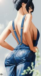  1girl absurdres alternate_costume alternate_hairstyle ass blue_eyes blue_hair blurry blurry_foreground breasts dark_blue_hair denim_overalls hair_bun highres hololive hololive_english large_breasts looking_at_viewer looking_back naked_overalls ouro_kronii overalls short_hair sideboob signature simple_background solo steb virtual_youtuber  rating:Sensitive score:30 user:danbooru
