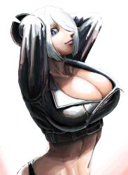  1girl angel_(kof) arms_behind_head blue_eyes breasts cleavage hair_over_one_eye highres large_breasts looking_at_viewer midriff navel short_hair smile snk solo the_king_of_fighters toned white_hair 