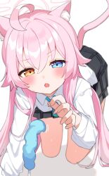  1girl ahoge animal_ear_fluff animal_ears black_skirt blue_archive blue_eyes blue_necktie blurry blush cat_ears cat_tail commentary_request depth_of_field fang halo hand_up heterochromia highres hoshino_(blue_archive) huge_ahoge inuyama_nanami kemonomimi_mode long_hair long_sleeves looking_at_viewer necktie open_mouth pink_hair pink_halo plaid plaid_skirt pleated_skirt puffy_long_sleeves puffy_sleeves shirt skirt solo tail v-shaped_eyebrows white_shirt yellow_eyes  rating:General score:9 user:danbooru