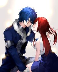 1boy 1girl arm_tattoo armor blue_coat blue_hair blue_skirt brushing_another&#039;s_hair brushing_hair coat couple erza_scarlet eye_contact facial_mark fairy_tail fur-trimmed_coat fur_trim hair_between_eyes hetero jellal_fernandes long_hair long_sleeves looking_at_another open_clothes open_coat parted_lips profile red_hair shirt short_hair sidelocks simple_background sitting skirt sleeveless smirk spiked_hair tattoo teeth white_shirt yae_chitokiya 