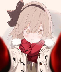  1girl absurdres black_bow black_bowtie black_hairband black_ribbon bow bowtie closed_mouth coat commentary_request duffel_coat fringe_trim frown fur-trimmed_hood fur_trim gloves green_vest grey_background grey_eyes grey_hair hair_ribbon hairband highres hood hood_down hooded_coat iris-san konpaku_youmu light_blush long_sleeves medium_hair meme open_clothes open_coat outstretched_arms pov pov_cheek_warming_(meme) reaching reaching_towards_viewer red_gloves red_scarf ribbon scarf shirt solo touhou two-tone_background upper_body v-neck vest white_coat white_shirt white_sleeves winter_clothes yellow_background  rating:General score:2 user:danbooru