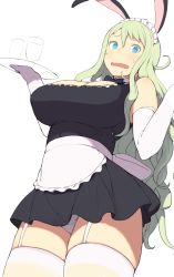 1girl @_@ accio animal_ears apron blue_eyes bow bowtie breasts cleavage detached_collar elbow_gloves embarrassed female_focus from_below garter_straps gloves green_hair hair_between_eyes large_breasts long_hair maid_headdress miniskirt open_mouth original panties rabbit_ears sidelocks simple_background skirt solo sweatdrop thighhighs tray underwear upskirt waist_apron wavy_mouth white_background white_gloves white_panties white_thighhighs rating:Sensitive score:36 user:danbooru