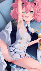 1girl absurdres ahoge arm_up blue_archive blue_necktie breasts chips_(food) collared_dress dress fangs food green_eyes gueya highres holding holding_food horns jacket loose_socks lying medium_hair momoka_(blue_archive) multicolored_clothes multicolored_jacket necktie on_back panties pink_hair pointy_ears sleeveless sleeveless_dress small_breasts socks spread_legs twintails underwear rating:Sensitive score:72 user:danbooru