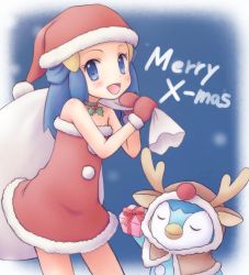 1girl :d absurdres alternate_costume bare_arms blue_eyes blue_hair blush box choker christmas commentary_request creatures_(company) dawn_(pokemon) dress eyelashes game_freak gen_4_pokemon gift gift_box hat highres holding holding_sack holly hood hood_up kabisuke long_hair looking_at_viewer merry_christmas mittens nintendo open_mouth piplup pokemon pokemon_(anime) pokemon_(creature) pokemon_dppt_(anime) red_dress red_headwear red_mittens sack santa_hat smile strapless strapless_dress tongue