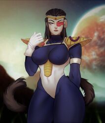  1girl armor bodysuit breasts dragon_ball looking_at_viewer monkey_tail original planet purple_eyes scouter skin_tight solo tagme tail  rating:General score:9 user:Lufy