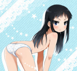1girl agemono angry ass bent_over black_hair blue_background blue_eyes blush from_behind loli long_hair looking_at_viewer looking_back narrow_waist panties polka_dot polka_dot_panties solo star_(symbol) starry_background topless underwear underwear_only white_panties rating:Questionable score:91 user:H-Raider