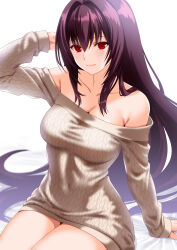  1girl bare_shoulders breasts cleavage collarbone engo_(aquawatery) fate/grand_order fate_(series) hair_between_eyes highres large_breasts long_hair looking_at_viewer off-shoulder_sweater off_shoulder purple_hair red_eyes ribbed_sweater scathach_(fate) smile solo sweater thighs white_sweater  rating:Sensitive score:11 user:danbooru
