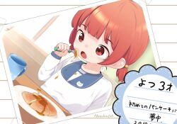  1girl aged_down bib blunt_bangs brown_eyes brown_hair commentary_request cup dutch_angle eating food fork kaiboukan_no._4_(kancolle) kantai_collection mug nassukun open_mouth pancake photo_(object) short_hair solo translation_request twintails upper_body 