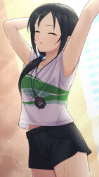  1girl aoki_kei arm_behind_head arm_up armpits black_hair black_shorts breasts closed_eyes collarbone cowboy_shot dot_nose hair_ornament hairpin hand_out_of_frame highres idolmaster idolmaster_cinderella_girls idolmaster_cinderella_girls_starlight_stage light_blush parted_bangs parted_lips shorts sidelocks sleeveless small_breasts solo sparkle standing stopwatch stretching sweat taba_neruko trainer_(idolmaster) watch 