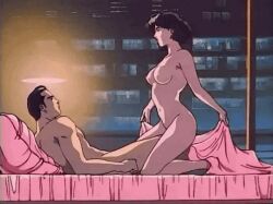  1990s_(style) 1boy 1girl 90&#039;s 90s_anime animated animated_gif ass bed bedroom black_hair breasts brown_hair kiss nipples nude retro_artstyle sanctuary_(manga) short_hair  rating:Explicit score:24 user:SaintTitus