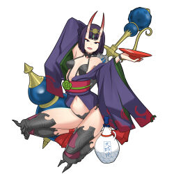  1girl absurdres asha bikini black_bikini breasts commentary_request cup fate/grand_order fate_(series) full_body gourd gradient_horns headpiece highres holding holding_cup horns japanese_clothes kimono looking_at_viewer medium_bangs multicolored_horns navel obi open_clothes open_kimono open_mouth purple_eyes purple_hair purple_kimono red_horns red_sash revealing_clothes sakazuki sash seigaiha short_hair shuten_douji_(fate) simple_background skin-covered_horns small_breasts smile solo swimsuit white_background wide_sleeves 