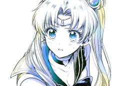 bangs bishoujo_senshi_sailor_moon blonde_hair blue_eyes blue_sailor_collar bow breasts choker circlet cleavage clenched_teeth collarbone color_drain crosshatching derivative_work double_bun earrings eyebrows_visible_through_hair hair_ornament hatching_(texture) heart heart_choker highres jewelry kanamaru_yuuki long_hair looking_afar moon_earrings nervous open_mouth pale_color parted_bangs sailor_collar sailor_moon sailor_moon_redraw_challenge sailor_senshi_uniform screencap_redraw simple_background sweat teeth tsukino_usagi twintails upper_body white_background 