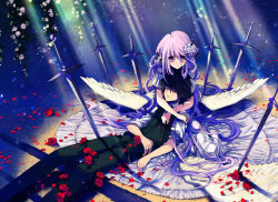 1boy 1girl black_hair dress flower gradient_background kneeling lying purple_eyes purple_hair rose sword weapon wings  rating:Sensitive score:1 user:MegaManBlitz