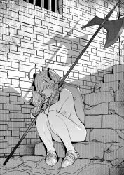  1girl ahoge axe battle_axe blush breasts commentary_request frown gauntlets hair_ribbon highres holding holding_axe holding_polearm holding_weapon knees_to_chest large_breasts nipples nude original outdoors polearm ribbon screentones shield sitting solo stairs stone_walkway stone_wall tanaka_ahiru twintails wall weapon 