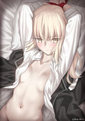  1girl absurdres arms_up artoria_pendragon_(all) artoria_pendragon_(fate) besmiled blonde_hair bound bound_wrists breasts collarbone commentary fate/grand_order fate_(series) groin highres long_sleeves looking_at_viewer lying medium_breasts medium_hair navel no_bra on_back open_clothes open_shirt out-of-frame_censoring pale_skin pillow red_ribbon restrained ribbon saber_alter shirt solo stomach sweat twitter_username white_shirt 