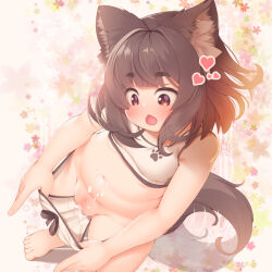  1girl animal_ear_fluff animal_ears blunt_bangs blush breasts brown_eyes brown_hair brown_tail censored cleft_of_venus commentary_request cum cum_on_body cum_on_stomach dragoner dutch_angle fat_mons female_focus head_tilt heart highres loli long_hair looking_down mosaic_censoring navel open_mouth original plump pussy shadow small_breasts solo tail thick_thighs thighs variant_set 