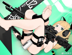  1girl absurdres animal_ear_headphones animal_ears black_footwear black_gloves blonde_hair blue_archive bow can closed_mouth crossed_legs fake_animal_ears feet gloves green_bow green_eyes headphones highres holding holding_weapon long_hair menthako midori_(blue_archive) nude soles stirrup_footwear tail thigh_strap toes watch weapon wire  rating:Questionable score:32 user:basedaceark
