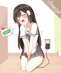  1girl black_hair blush cable charger charging closed_eyes highres loli long_hair motion_blur non_(wednesday-classic) open_mouth school_uniform serafuku sexually_suggestive sweat  rating:Questionable score:44 user:uncle_wiggles